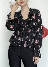 Neue schwarze Chiffonblusen mit Rüschendruck und ausgestellten Ärmeln